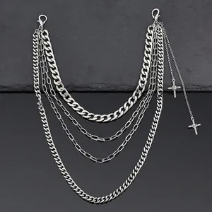 Multilayer punk hip hop silver waist chain with shimmering rhinestone cross pendants