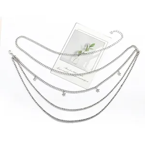 Collier punk hip hop argenté à cinq rangs avec pendentifs étoiles et chaînes en strass