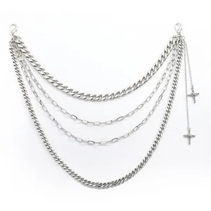 Silver multi-layer punk waist chain with cross charms and rhinestones on Cuban links