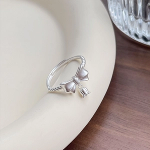 S925 sterling silver bow and lily of the valley ring with frosted woven texture band