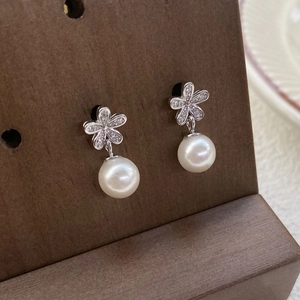 Orecchini a Bottone in Argento Sterling 925 Con Fiori e Künstliche Perle Con Zirconia Strass Eleganti Orecchini a Pendente per Donna Matrimonio