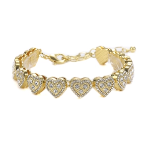 Hip hop style gold heart link bracelet with rhinestones and adjustable chain for women