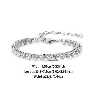 Adjustable silver heart link anklet with lobster clasp and sparkling cubic zirconia stones