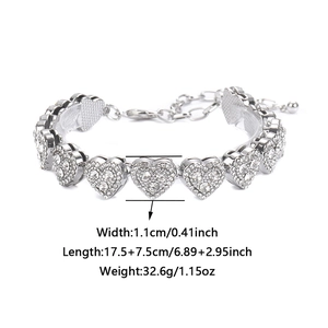 Close-up of heart-link anklet with crystals, including size measurements and lobster clasp