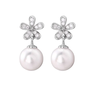 Orecchini a fiore in argento S925 con zirconi scintillanti e perle bianche tonde