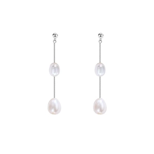 Boucles d'oreilles pendantes en argent S925 avec doubles perles d'eau douce et chaînes fines