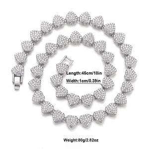 Close-up of iced out broken heart Cuban chain necklace with detailed 45cm/18in size specs