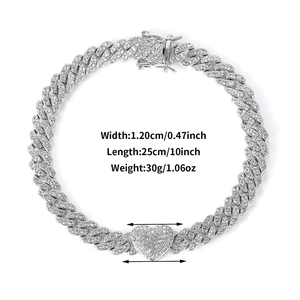 10-inch silver Cuban chain anklet for women with iced-out heart rhinestone pendant