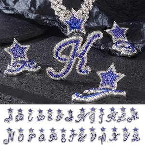 Iced-out A-Z alphabet pendants set with blue star accent and sparkling crystals
