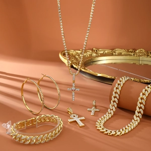 Golden punk hip hop jewelry set with rhinestone cross necklace and Cuban link chain
