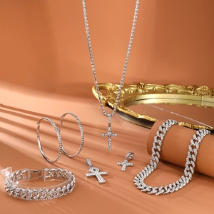Silver punk hip hop set with cross pendant necklace, cuban bracelet and iced out earrings