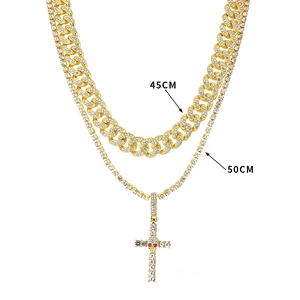 Punk style Halloween skull cross pendant necklace set with crystal Cuban link chains