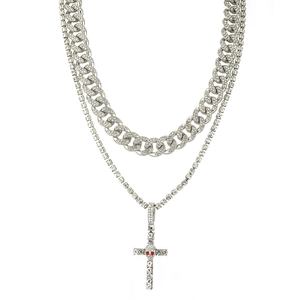 Hip Hop Skull Cross Pendant Necklace Set For Men Stainless Steel Cuban Link Tennis Chain Rhinestone Punk Jewelry Gift
