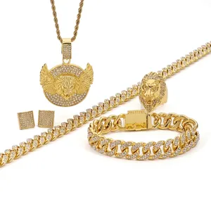 Combinación de Collar con Colgante Redondo de Cabeza de León Hip Hop en Aleación con Diamantes de Imitación Joyería para Hombre Mujer