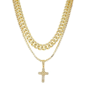 Punk hip-hop gold double-layer Cuban chain necklace with iced-out cross pendant for Halloween