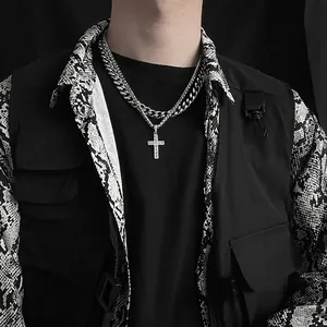 Collana a catena cubana argento da uomo con ciondolo a croce a doppio strato hip hop