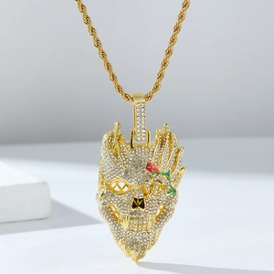 Hip hop gold skull pendant with red rose and iced out crystals on rope chain