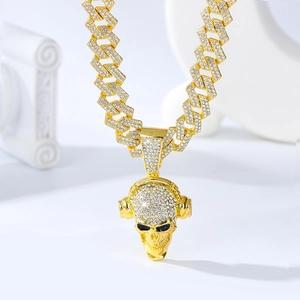 Hip Hop Skull Headphone Pendant Necklace Alloy Rhinestone Cuban Chain Jewelry For Men Women Party Punk Style Accessories