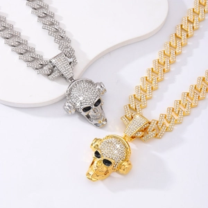 Hip hop Cuban chain necklace with skull headphone pendant in gold and silver iced out diamond