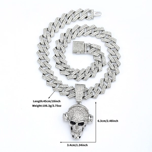 Iced out hip hop cuban chain with skull pendant and white rhinestones for men