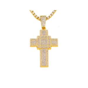 Golden hip hop cross pendant with tennis chain and sparkling white cubic zirconia stones