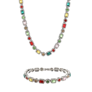Colorful hip hop rhinestone Cuban link necklace and bracelet set with multi-color crystals