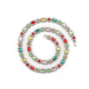 Hip Hop Iced Out Cuban Link Chain Jewelry Colorful Rainbow Rectangular Zirconia Alloy Gold Silver Necklaces For Party