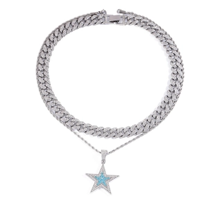Collier double couche argent style hip-hop avec pendentif étoile glacé pour hommes