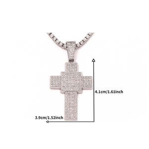 Detailed size view of silver iced out cross pendant with cubic zirconia tennis chain