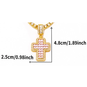 Detailed size chart for rhinestone cross pendant with dimensions in inches and centimeters