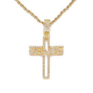 Close-up of gold rhinestone cross necklace featuring JESUS lettering and twisted rope chain