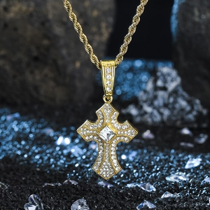 Iced out gold cross pendant necklace with white crystals and rope chain for hip hop style