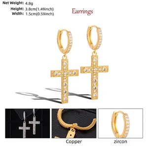 Golden cross drop earrings with micro-inlaid zircon stones and size specifications