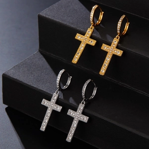 Exquisite cross drop earrings in gold and silver finish with pave-set cubic zirconia stones