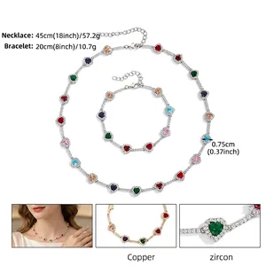 Conjunto de collar y pulsera de cobre plateado con circonitas de colores en forma de corazón