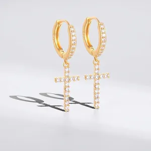 Minimalistische Kupfer Kreuz Hoop Ohrhänger Mit 925 Sterlingsilber Ohrstecker-Stift Strass Besetzt Schmuck Für Herren Damen