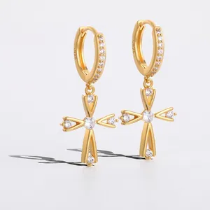 Boucles d'Oreilles Créoles Croix Avec Tige en Argent Sterling 925 Or Argent Zircone Pendantes Bijoux Femme Homme