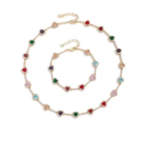 Elegante Conjunto de Joyas de Circonia Corazón Multicolor para Mujer Cobre Chapado en Oro Plata Cadena de Tenis Colorida Collar Pulsera Conjunto