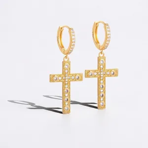 Exquisite Cross Drop Earrings For Men Women Copper Inlaid Zirconia Light Luxury Style Hoop Jewelry With 925 Silver Earring Post