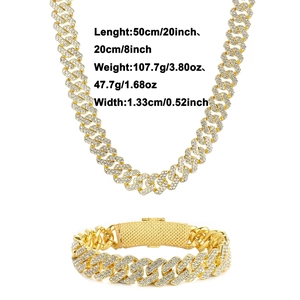 Ensemble chaîne cubaine hip-hop dorée avec zircons cubiques et collier de 50 cm