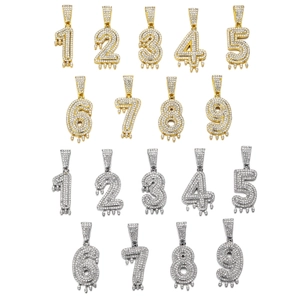 Collier pendentif chiffre goutte d'eau style hip hop avec strass étincelants 1 à 9