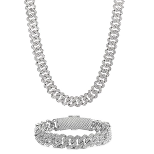 Ensemble collier et bracelet maille cubaine argentée style Hip Hop serti de strass brillants
