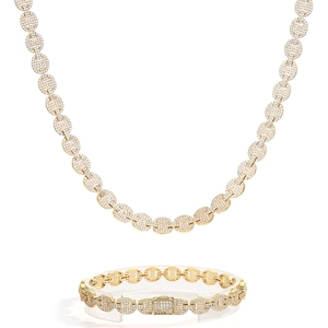 Détail d'un ensemble collier et bracelet en mailles grain de café dorés sertis de zircons