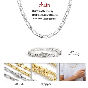 Details von vergoldetem Figaro-Ketten-Set mit Halskette, Armband und Verschluss