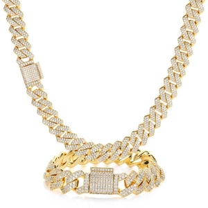 Σετ χρυσό κολιέ και βραχιόλι cuban link 10mm με πέτρες ζιργκόν για λάμψη και στυλ