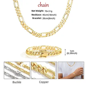 Detailansicht des 1cm breiten Figaro-Kettensets aus Kupfer mit Gold-Finish und Abmessungen