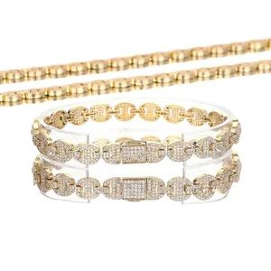 Parure Collier Bracelet Hip Hop Mariner Link Grain de Café Cuivre Pave Zirconia Plaqué Or Argent Bijoux pour Hommes Femmes