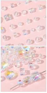 Detailed view of faceted AB crystal heart beads with iridescent rainbow finish for DIY jewelry