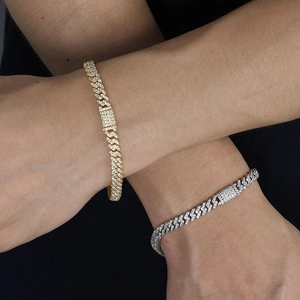 Bracelets gourmette cubaine 6mm glacés en or et argent sertis de pierres zircon