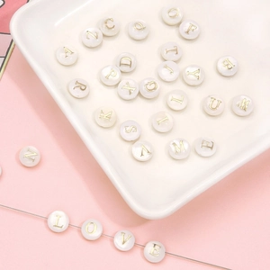Flat round white freshwater shell beads with gold uppercase letters for DIY jewelry making